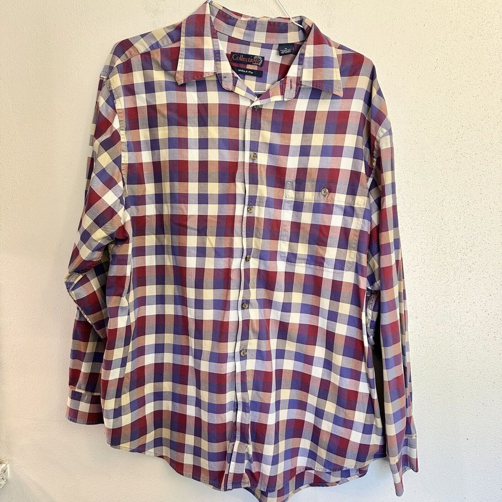 vtg 80s COLLECTION BUTTON‎ UP SHIRT Purple & Beige Plaid XL